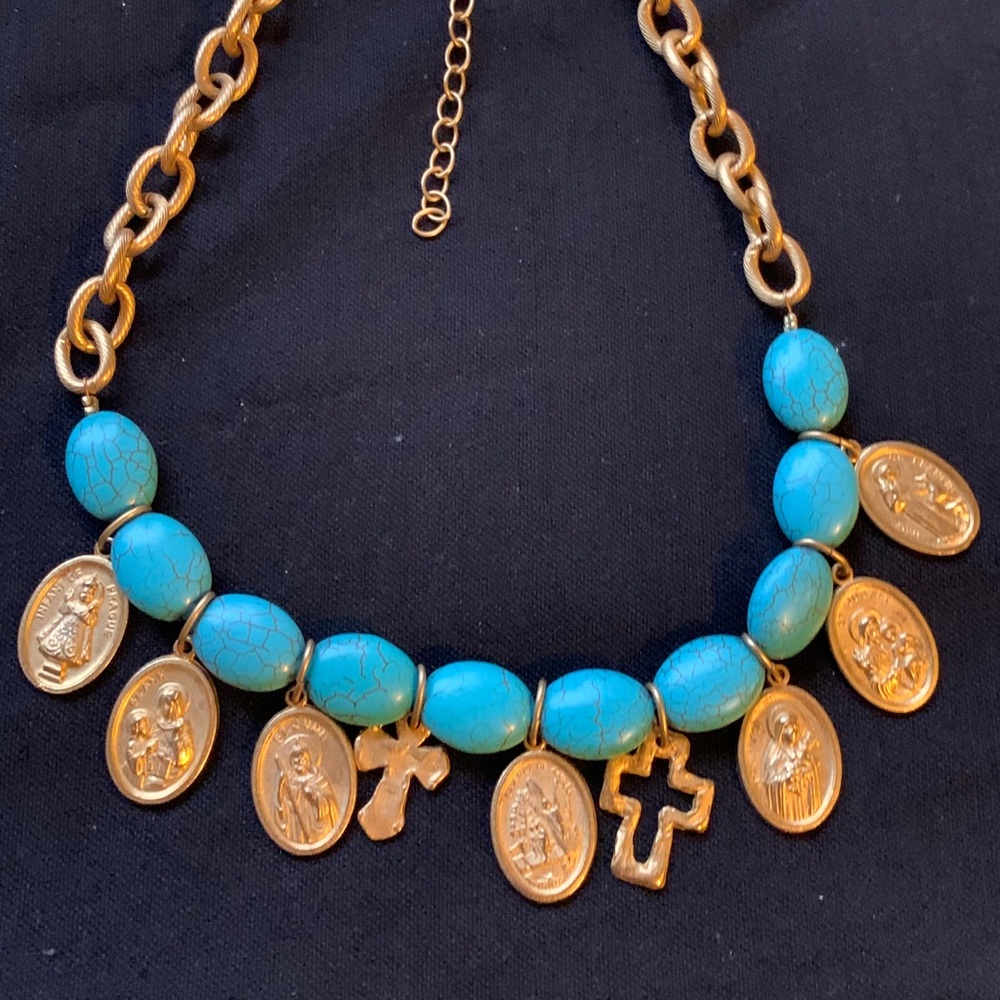 Turquoise and Gold Religious Medal Charm Necklace